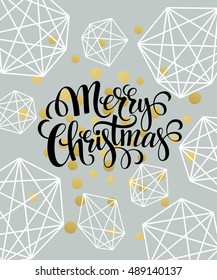 Christmas Greeting Card with handdrawn lettering. Golden, black and white colors. Trend design element for xmas decorations and posters. Vector illustration EPS10