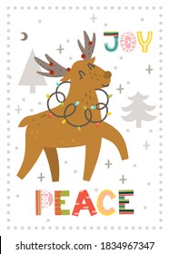 Christmas greeting card with handdrawn an Reindeer character, fir tree, decorative snowflakes and wording Joy and Peace. Vector illustration. Template for congratulations.