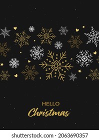 Christmas greeting card with hand-drawn snowflakes and text. Vector illustration for Merry Christmas. Xmas decoration.