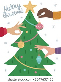 Christmas greeting card. Hands decorate the Christmas tree. Hand drawn Christmas toys. Vector illustration