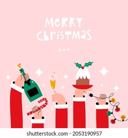 Christmas greeting card with hands holding holiday food, drink and decorations