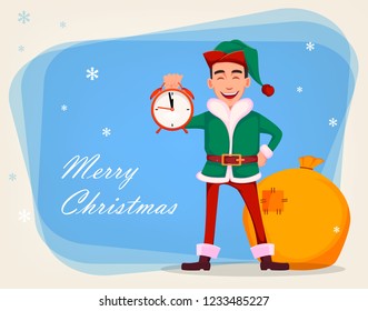 Christmas greeting card. Handsome Santa Claus helper elf. Cheerful cartoon character holds alarm clock. Vector illustration