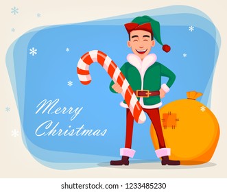Christmas greeting card. Handsome Santa Claus helper elf. Cheerful cartoon character holds candy cane. Vector illustration