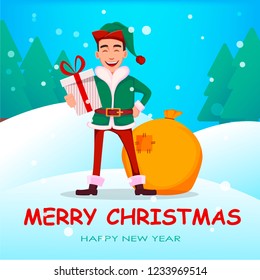 Christmas greeting card. Handsome Santa Claus helper elf. Cheerful cartoon character holds gift box. Vector illustration with winter forest on background