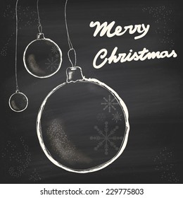 Christmas greeting card with hanging balls. Chalkboard texture with snowflakes and christmas balls. Vector illustration