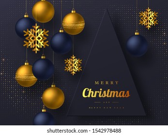 Christmas greeting card with hanging baubles and golden snowflakes. Luxury New Year holiday design. Dark background. Vector illustration.