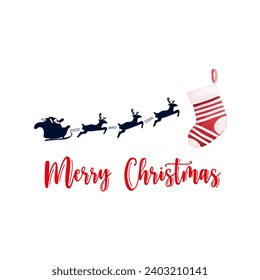 Christmas greeting card: hanging calcerin, Santa Claus sleigh with three reindeer and sign: Merry Christmas