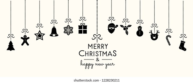 Christmas greeting card with hanging decorations and greetings. Vector.