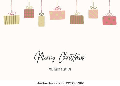 Christmas greeting card with hanging hand drawn gift boxes. Vector