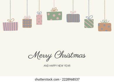 Christmas greeting card with hanging hand drawn gift boxes. Vector