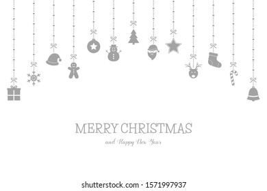 Christmas greeting card with hanging icons and wishes. Xmas concept. Vector