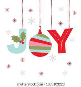 christmas greeting card with hanging joy text