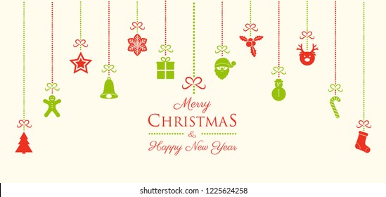 Christmas greeting card with hanging ornaments and wishes. Vector.