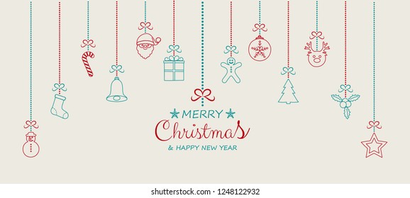 Christmas greeting card with hanging ornaments. Vector.