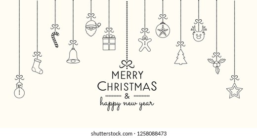 Christmas greeting card with hanging ornaments. Vector.