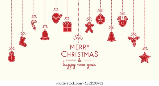 Christmas greeting card with hanging ornaments. Vector.