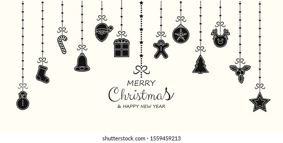 Christmas greeting card with hanging ornaments. Vector.