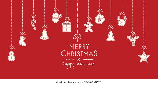 Christmas greeting card with hanging ornaments. Vector.