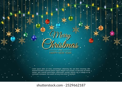 Christmas greeting card with hanging ornaments and stars
