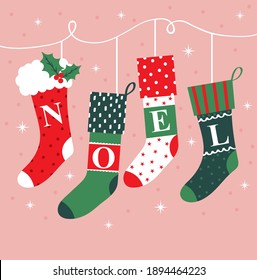 christmas greeting card with hanging sock decoration design