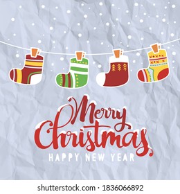 Christmas greeting card with hanging socks in flat style. Vector illustration,Each on a separate layer.