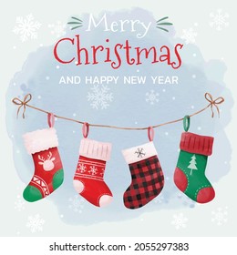 Christmas greeting card with hanging socks decoration design 