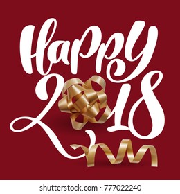 Christmas Greeting Card. Happy 2018 lettering, red background vector illustration, with a Mesh gold bow