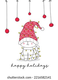 Christmas greeting card. Happy Holidays. Cute cat illustration with santa hat tangled with lights garland.