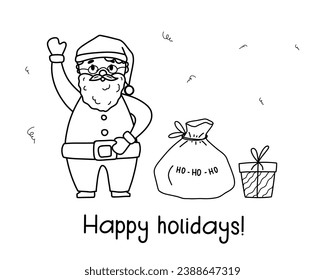 Christmas greeting card. Happy Holidays! Santa Claus with presents. Doodle style illustration