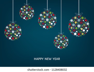 Christmas greeting  card.  Happy New Year blue background. Xmas ball  with  snowflakes. Red, green, gold, white tree decoration. Colorful pattern.  Vector template.