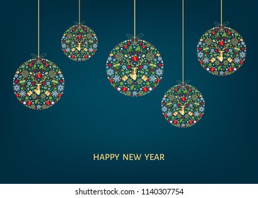 Christmas greeting  card.  Happy New Year blue background. Xmas ball with gold   reindeer, gifts and  snowflakes. Red, green, white tree decoration. Colorful pattern.  Vector template.