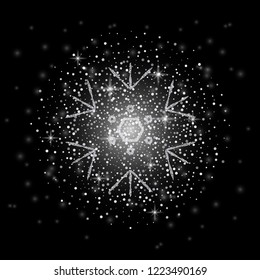 Christmas greeting card and Happy New Year Invitation with shining silver snowflakes and stars on black background. 