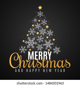 Christmas greeting card. Happy new year. Christmas tree of snowflakes and golden stars. Beautiful lettering. Vector illustration. EPS 10