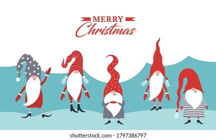 Christmas greeting card. Happy New Year. Merry Christmas. Cute Gnomes in hats. Seasons Greetings.