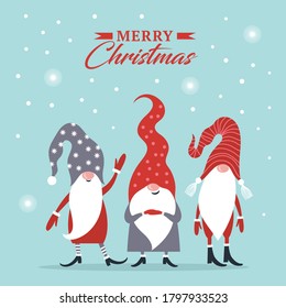 Christmas greeting card. Happy New Year. Merry Christmas. Cute Gnomes in hats. Seasons Greetings.