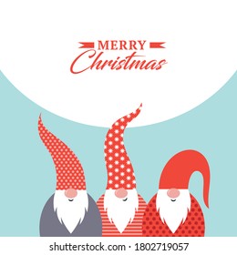 Christmas greeting card. Happy New Year. Merry Christmas. Cute Gnomes in red hats. Seasons Greetings