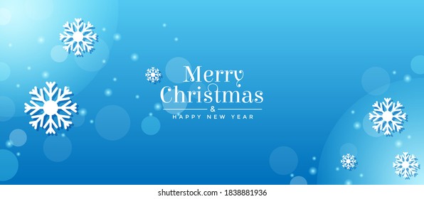 Christmas Greeting Card and Happy New Year Invitation with Shining blue background with Snowflakes and Stars. Creative & elegance Vector illustration