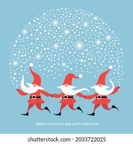 Christmas greeting card. Happy New Year. Merry Christmas. Cute Gnomes and snowflakes ball. Seasons Greetings.