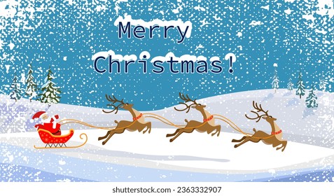 Christmas greeting card with "Happy New Year!" lettering. Santa Claus on a sleigh with reindeers. Winter snow. Vector illustration