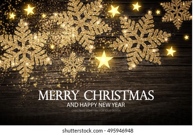 Christmas Greeting Card and Happy New Year Invitation with Shining Gold Snowflakes and Stars on Wood Texture Abstract Background. Vector illustration