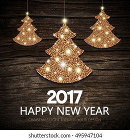 Christmas Greeting Card and Happy New Year Invitation with Shining Christmas Tree on Wood Texture Abstract Background. Vector illustration
