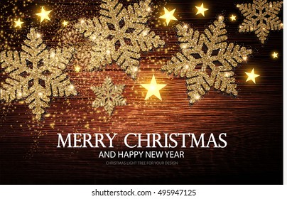 Christmas Greeting Card and Happy New Year Invitation with Shining Gold Snowflakes and Stars on Wood Texture Abstract Background. Vector illustration