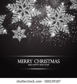 Christmas Greeting Card and Happy New Year Invitation with Shining Silver Snowflakes and Stars on Black Striped Abstract Background. Vector illustration
