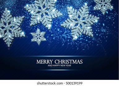 Christmas Greeting Card And Happy New Year Invitation With Shining Silver Snowflakes And Stars On Blue Striped Abstract Background. Vector Illustration