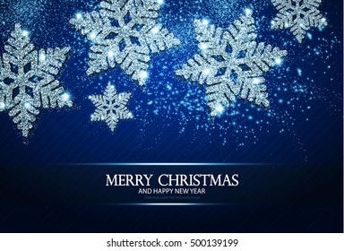 Christmas Greeting Card and Happy New Year Invitation with Shining Silver Snowflakes and Stars on Blue Striped Abstract Background. Vector illustration