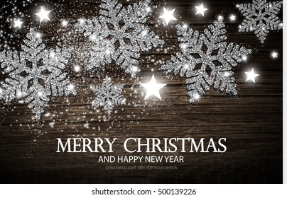 Christmas Greeting Card and Happy New Year Invitation with Shining Silver Snowflakes and Stars on Wood Texture Abstract Background. Vector illustration