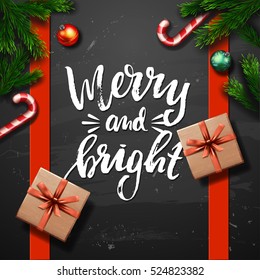 Christmas greeting card . Happy new year. Xmas vector background. Hand drawn calligraphy  merry and bright 