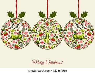 Christmas greeting  card.  Happy New Year background. Xmas ball with    reindeer, gifts and  snowflakes. Red, green  tree decoration. Colorful pattern.  Vector template  for greeting  card.
