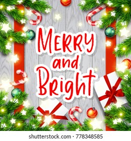 Christmas greeting card . Happy new year. Xmas vector background. Hand drawn calligraphy  merry and bright 