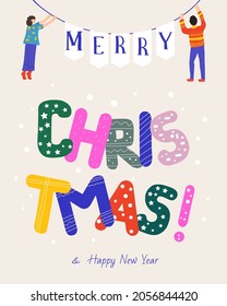 Christmas greeting card. Happy people holding bright letters. vector illustration